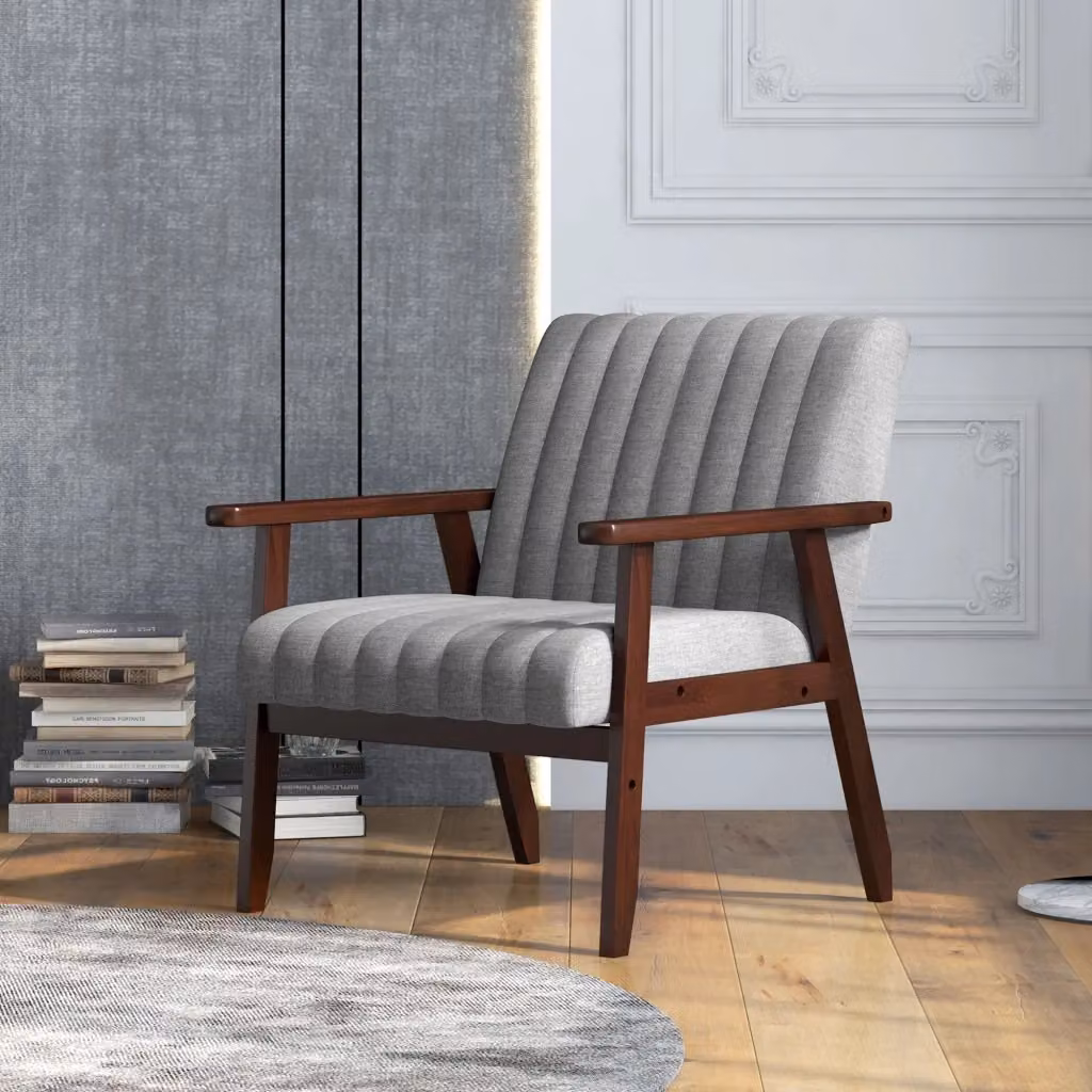Poltroncina Moderna GIORDANOSHOP Imbottita in Tessuto e Legno con Cuciture Tubolari Grigio e Marrone L/P/H: 64 x 74,5 x 75,5 cm – 2