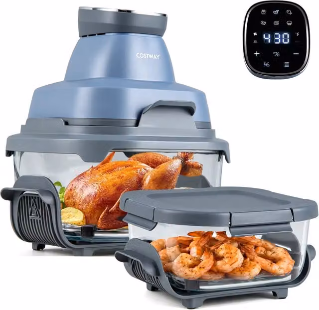 Friggitrice ad aria portatile da 4 L con 2 contenitori in vetro e coperchio, forno elettrico a aria calda da 1500 W, colore blu