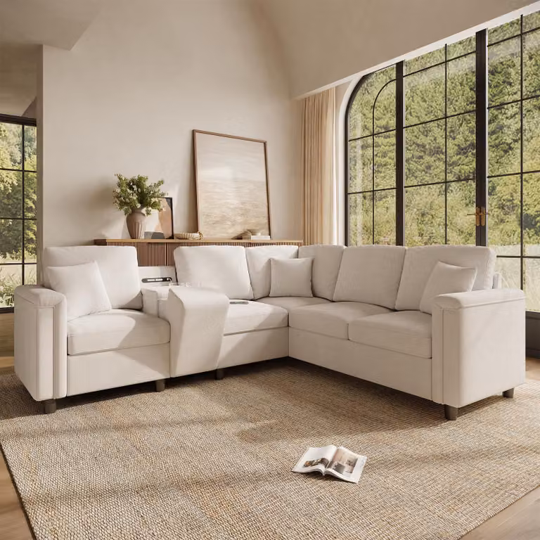 Divano angolare a forma di L con luce da lettura e prese USB, divano a 5 posti con consolle contenitore e portabicchieri, dimensioni 235×208×83 cm, color beige, in tessuto chenille