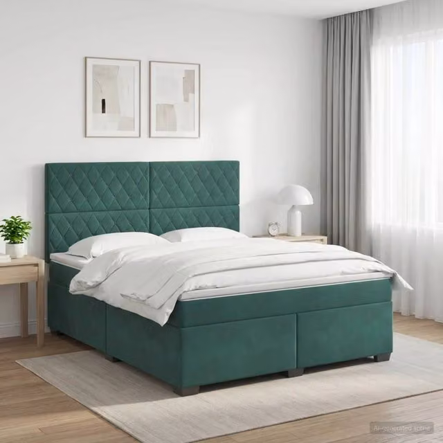 Letto box spring con materasso vidaXL in velluto verde scuro e bianco, L/P: 140 x 190 cm