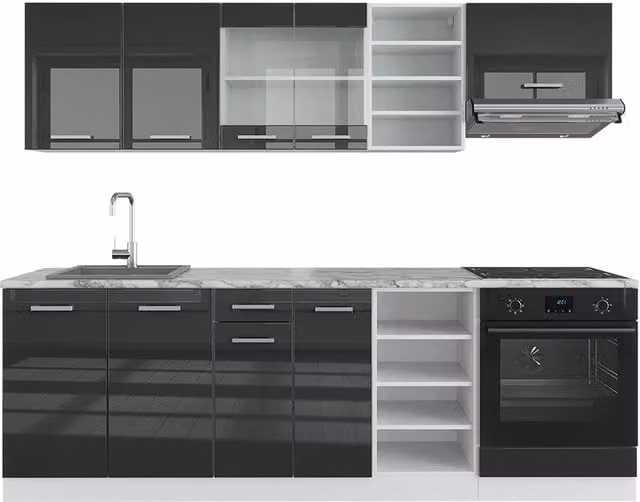 Cucina componibile moderna Vicco R-Line in antracite lucido e bianco con piano effetto marmo, L: 240 cm