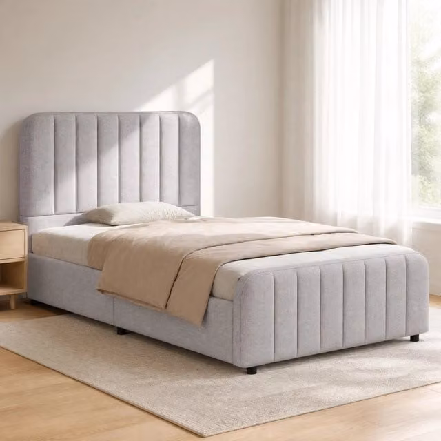 Letto singolo imbottito 90x200 cm con contenitore idraulico, rete inclusa, testiera in lino grigia