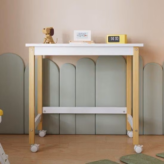 Tavolo da ufficio, scrivania, piano di lavoro, con ruote, in legno di quercia e MDF, bianco e naturale