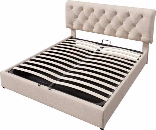 Letto matrimoniale 140x200 cm con testiera regolabile, telaio in metallo e contenitore, finitura naturale senza materasso