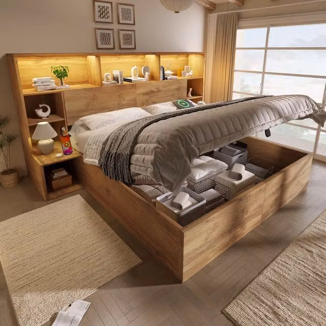 Letto contenitore matrimoniale con testiera ¨C Minimal ¨C Rovere 160x200 cm, rete a doghe, LED, USB-C, senza materasso