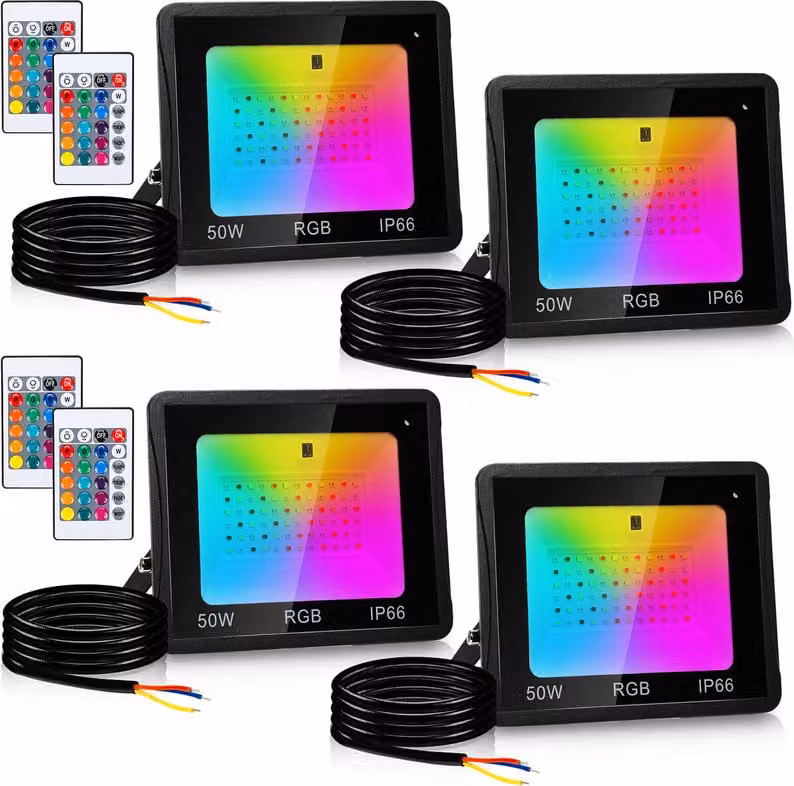 Jopassy 50W RGB proiettore con telecomando Faretto LED RGB Faretto LED RGB per esterni IP66 Impermeabile 4 pezzi
