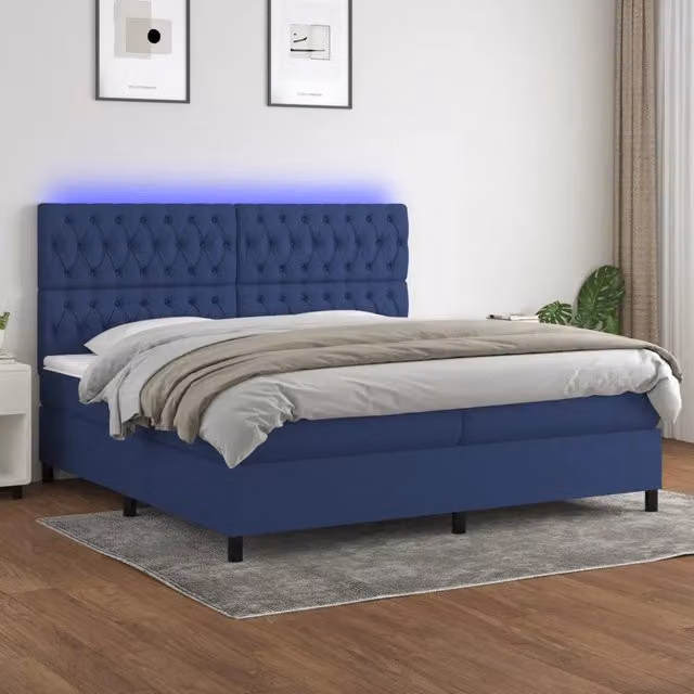 Letto moderno vidaXL con materasso a molle pocket, illuminazione LED blu e porta USB, tessuto bianco e blu, L/P/H: 200 x 200 x 203 cm