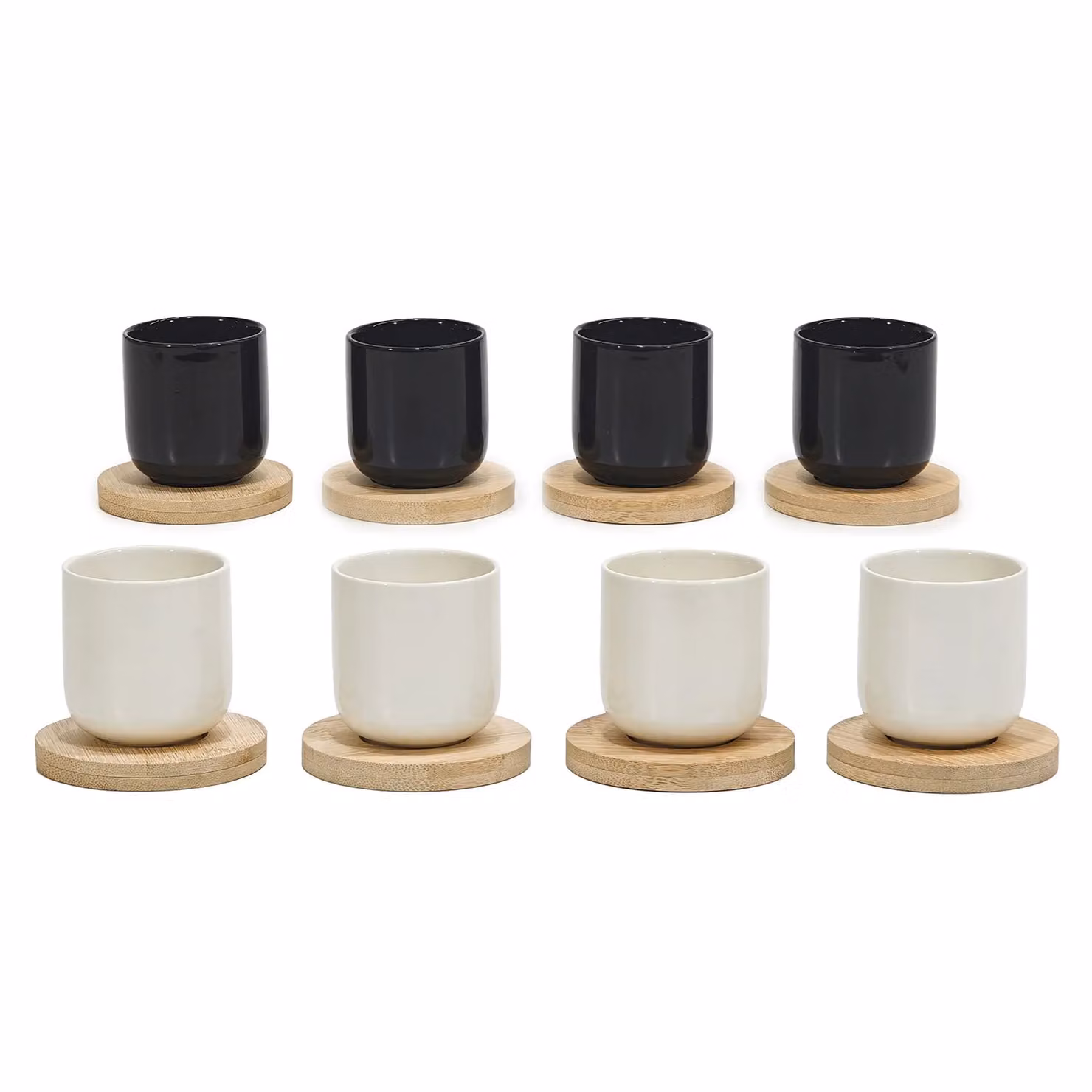 GUSTO CASA Servizio da caffè composto da 4 tazzine con piattini in ceramica e bamboo, colore nero, capacità 10,5 cl