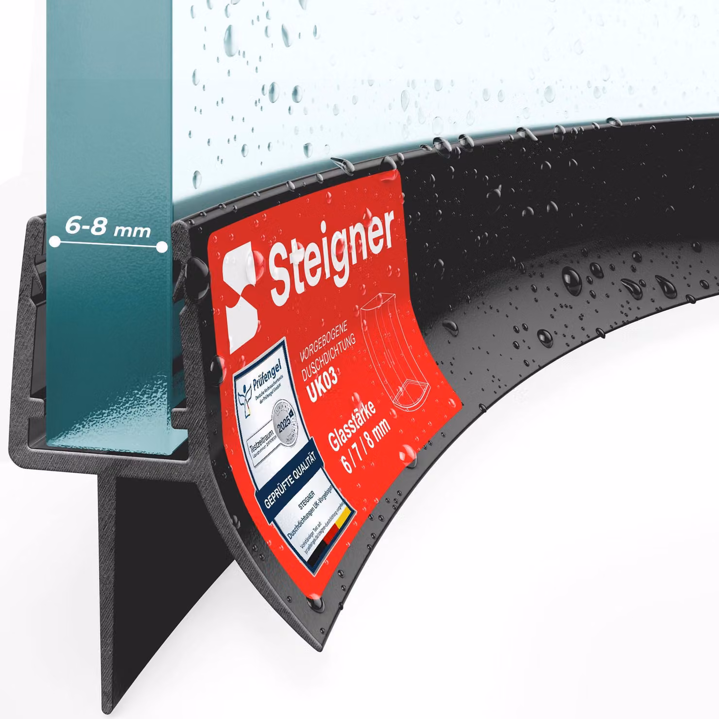 STEIGNER Guarnizione per Doccia, 140 cm, Spessore Vetro 6/7/8 mm, Guarnizione per Doccia Curva in PVC, Nera, UK03S