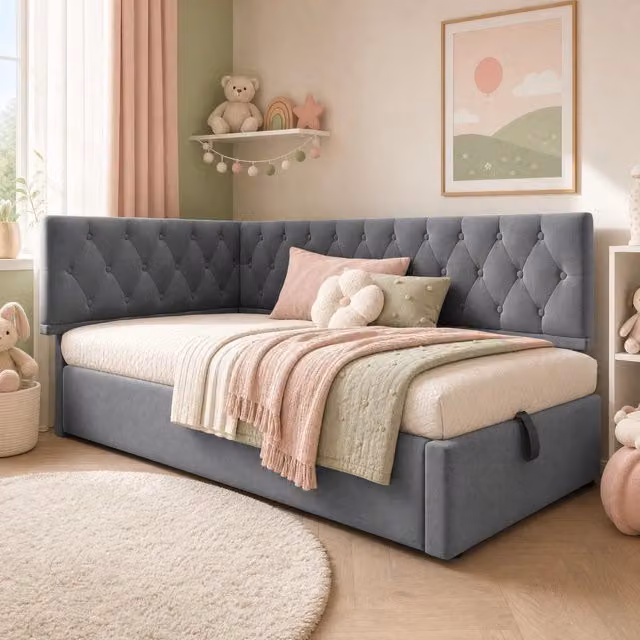Letto Contenitore REDOM in Velluto Grigio con Base Lift Up e Testiera Geometrica L/P/H: 90 x 200 x 38,85 cm