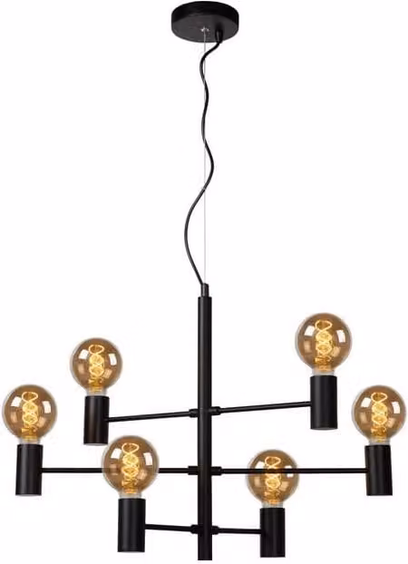 Lampadario a sospensione industriale Lucide Leanne con 6 luci E27 in metallo nero e vetro trasparente, regolabile in altezza e dimmabile, L: 65 cm, P: 60 cm, H: 32-175 cm