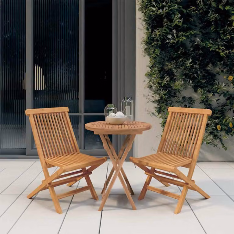 Set da pranzo per giardino e terrazzo vidaXL in legno di teak marrone composto da 3 pezzi con tavolo rotondo e sedie pieghevoli