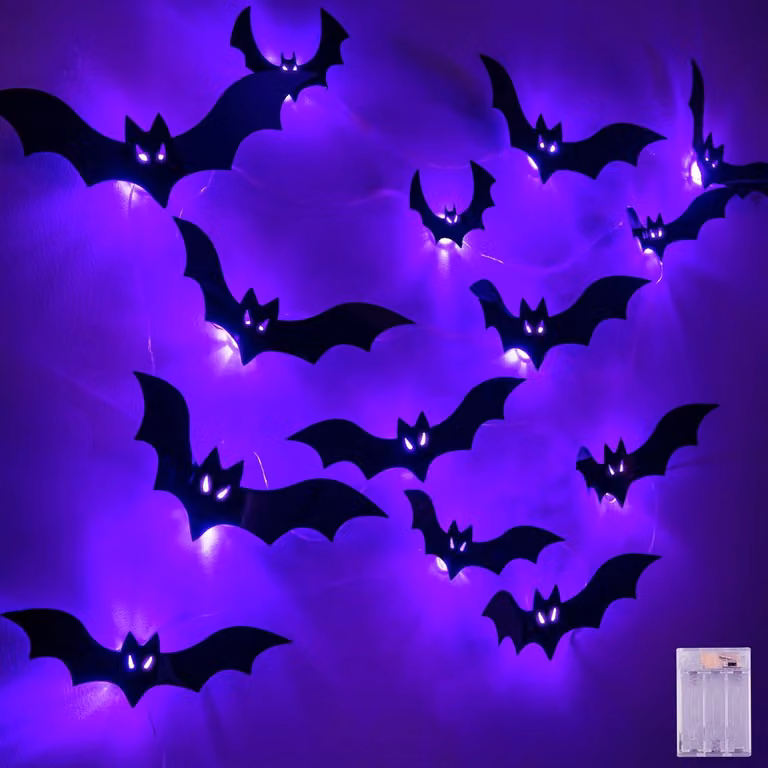 Decorazioni per Halloween: pipistrelli LED, 6 metri, 20 luci a LED viola, luci a batteria con timer, 20 adesivi murali 3D a forma di pipistrello, set di decorazioni per Halloween, decorazioni murali