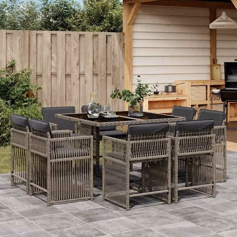 vidaXL Set da Pranzo da Giardino 9 pz in Polyrattan e Vetro Grigio