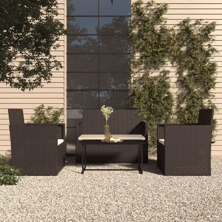 The Living Store Set salotto da giardino 4 pezzi con cuscini in poly rattan nero