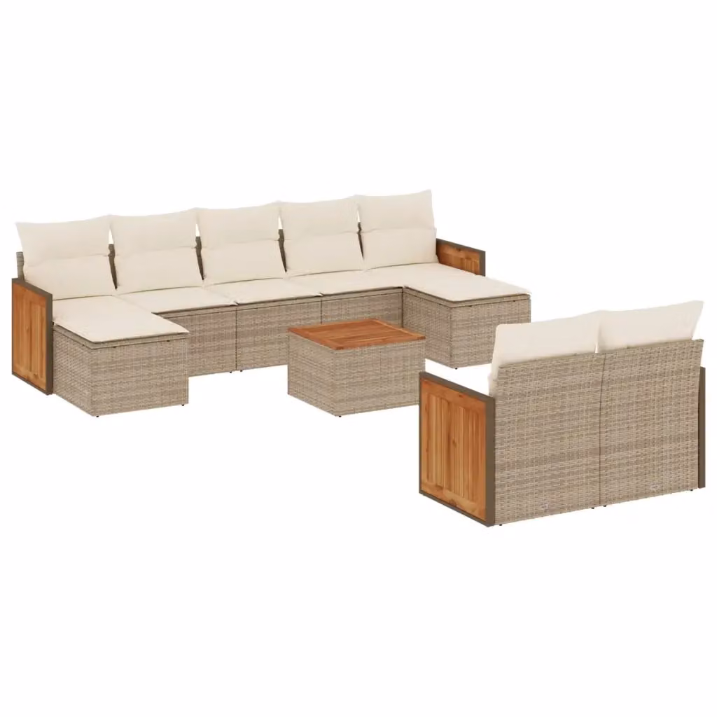 vidaXL Set Divano da Giardino 10 pz a forma di U con Cuscini Beige e Tavolino in Polyrattan e Legno di Acacia – 2