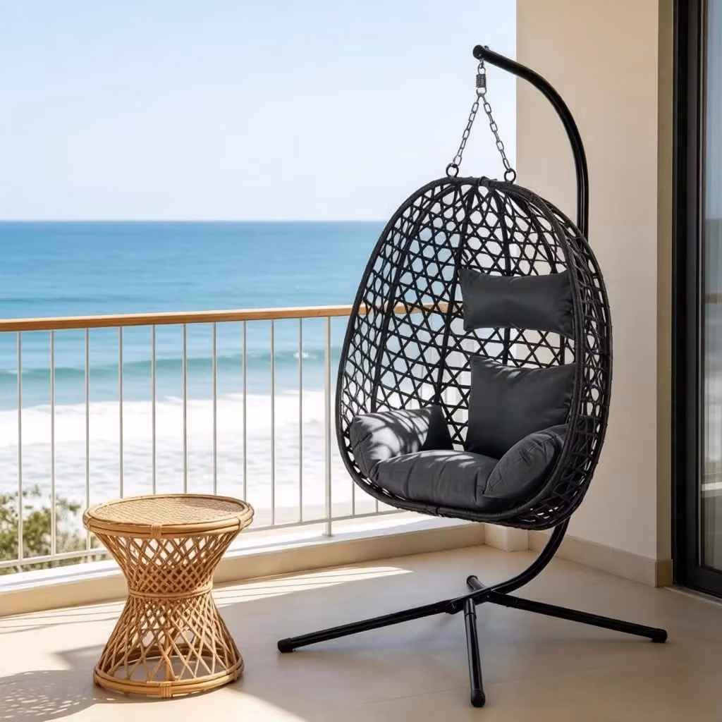 Sedia sospesa REDOM in metallo e rattan grigio scuro L: 105 cm, P: 105 cm, H: 195 cm – 2