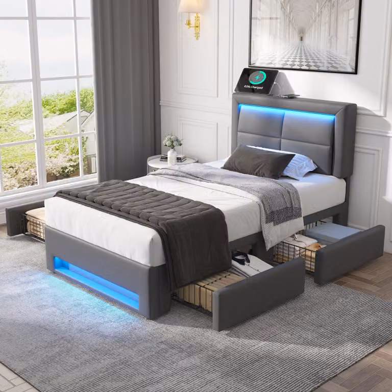MODFU Letto singolo 90x190 cm con 4 cassetti e illuminazione a LED - Letto imbottito inPoliuretanoa 1 posto letto con contenitore e porte USB - Grigio