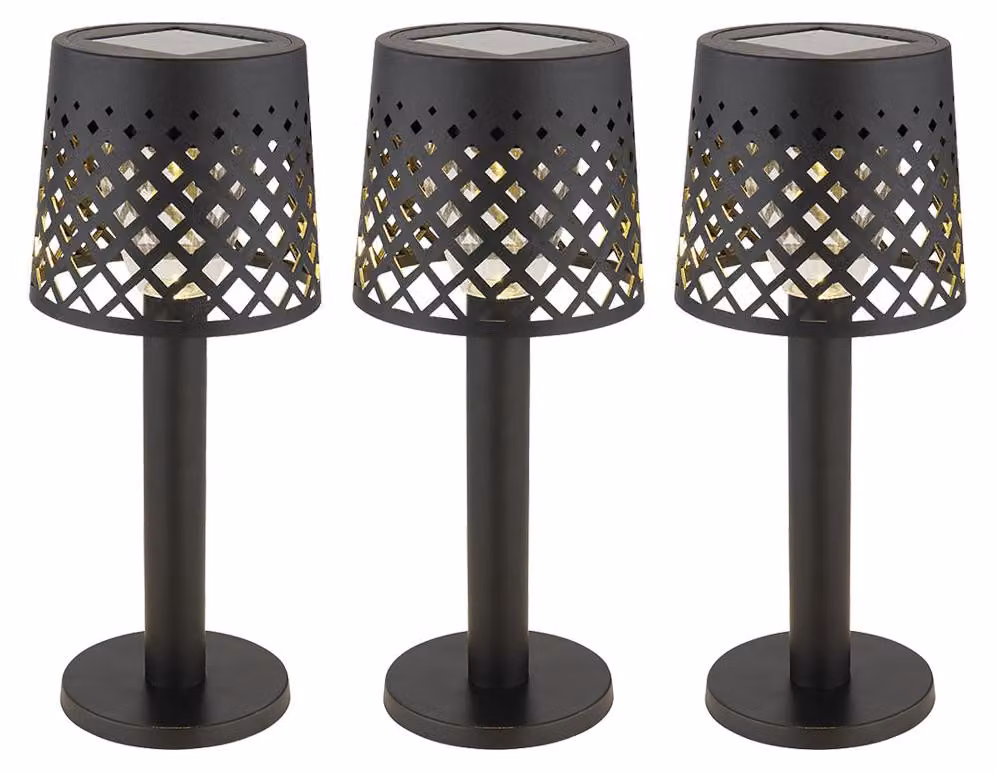 3 lampade solari a LED, nere, con decorazioni a rilievo, batteria inclusa, altezza 21 cm