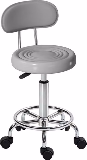 Sgabello girevole HOMCOM con schienale, poggiapiedi e ruote, regolabile in ecopelle, Grigio
