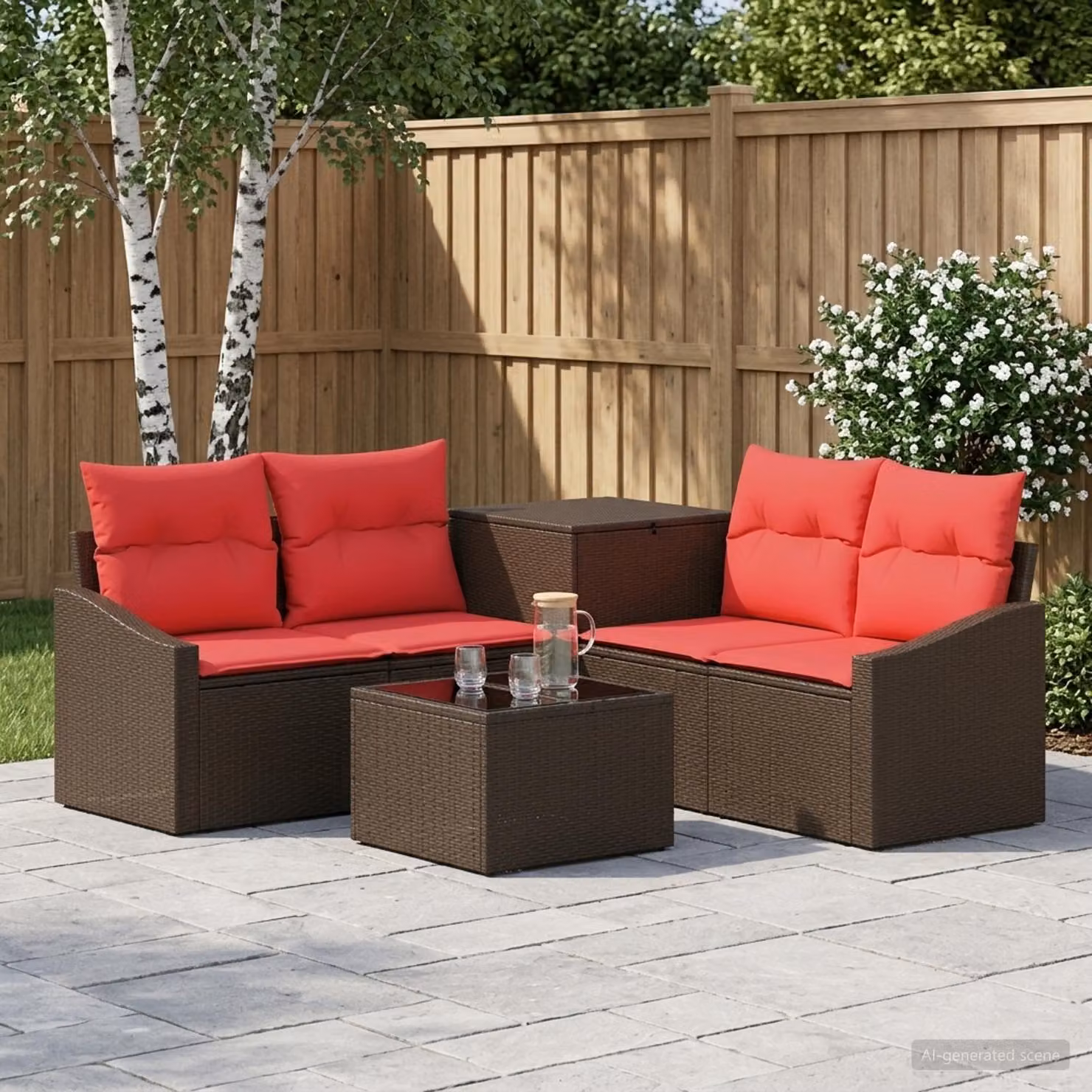 Set di divani da giardino vidaXL a forma di L composto da 6 pezzi con tavolino e cuscini, colore marrone e rosso, in rattan e acciaio verniciato a polvere