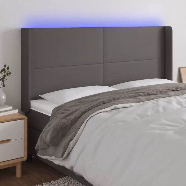 Testiera con LED Design Mania in similpelle grigia con porta USB, L: 203 cm, P: 16 cm, H: 118/128 cm – 1