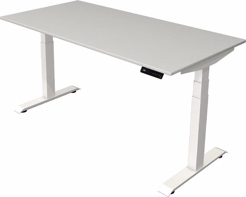 Scrivania regolabile in altezza elettricamente Kerkmann Move 4, colore grigio chiaro, forma rettangolare, struttura a telaio a T, colore bianco, dimensioni 160,0 x 80,0 cm