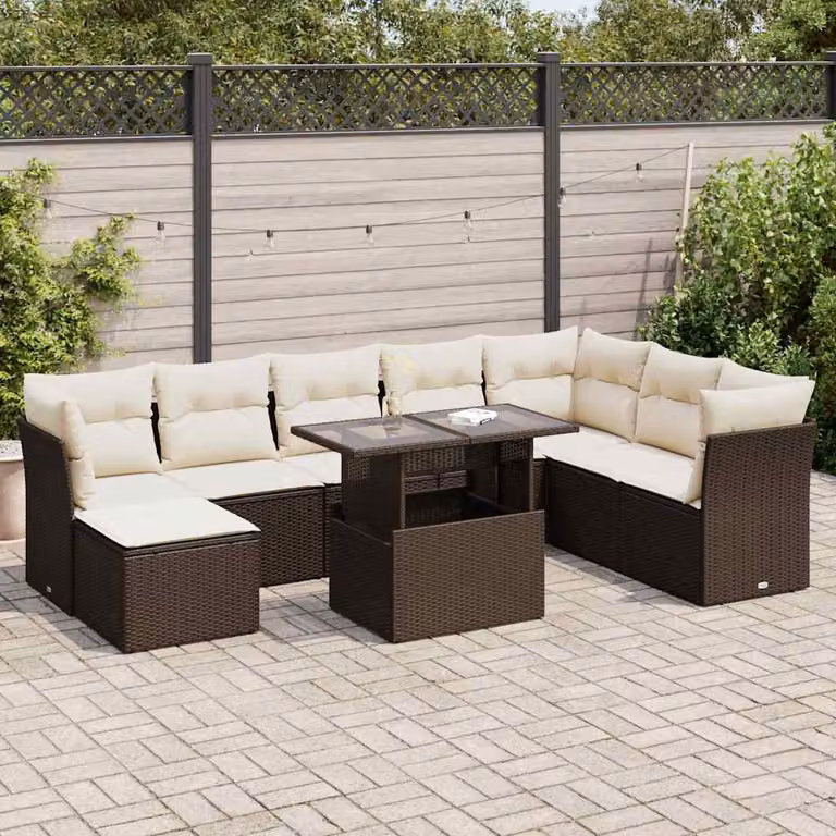 Set di divani da giardino vidaXL 9 pezzi con cuscini marroni e bianchi in rattan e metallo con forma a U e tavolino da esterno