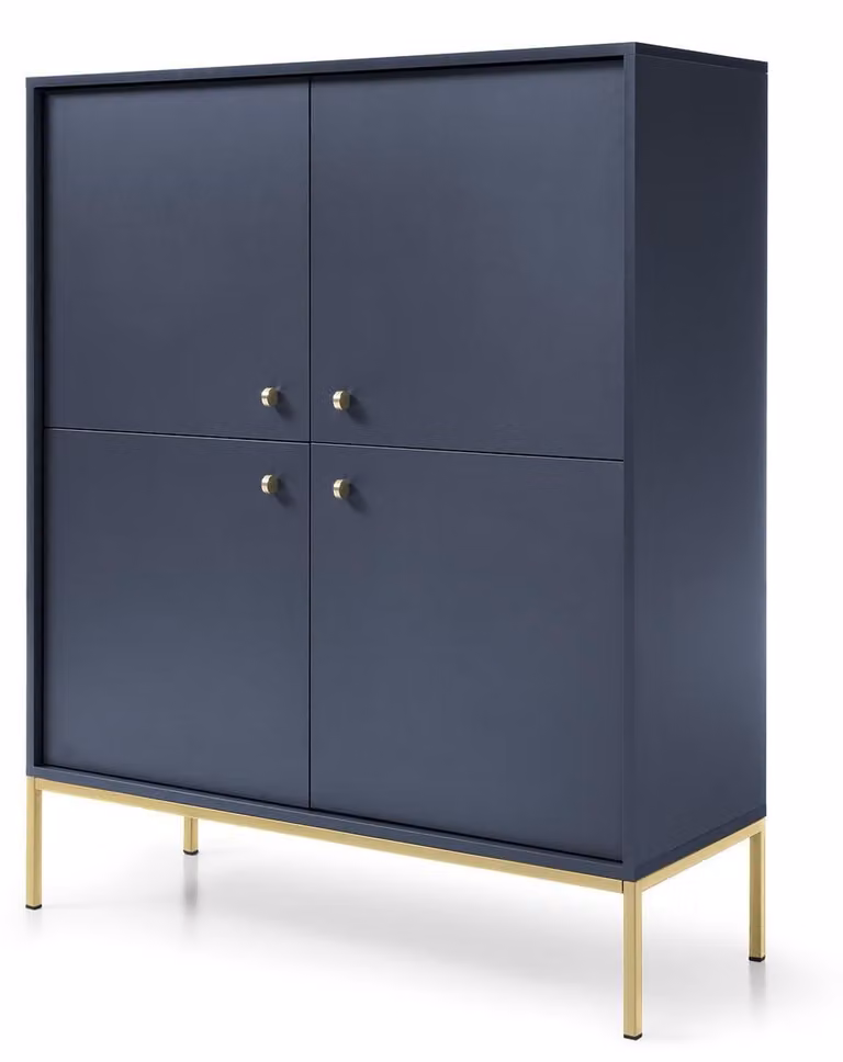 Comò a quattro ante, blu navy, maniglie dorate, 104 x 39 x 126 cm
