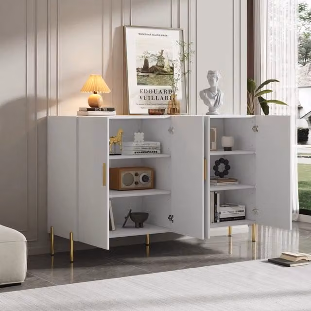 Credenza Bianca Moderna Mobile Buffet 4 Ante con Dettagli Oro 160x35x100cm