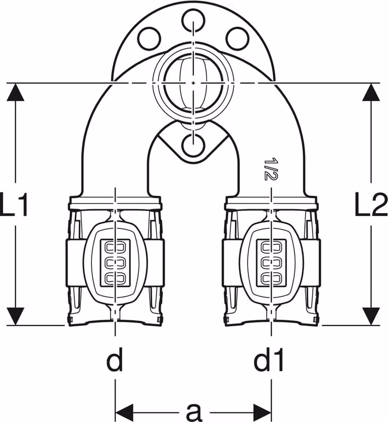 Geberit GE FlowFit, raccordo angolare doppio, IG RG+, d16 x Rp1/2 x d16 mm, L5,2 cm, 1 pz.