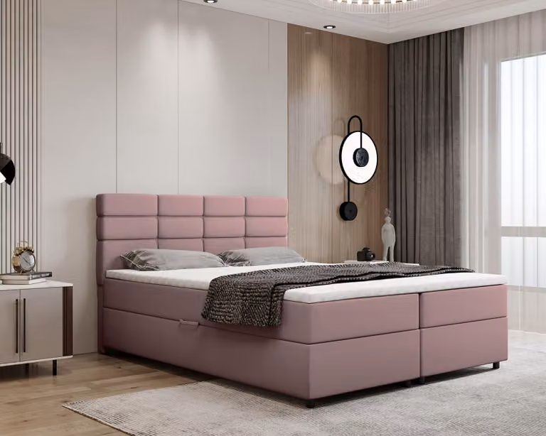 Letto boxspring 160x200, con contenitore, rosa, materasso e coprimaterasso, letto matrimoniale, REVE, Panda Möbel
