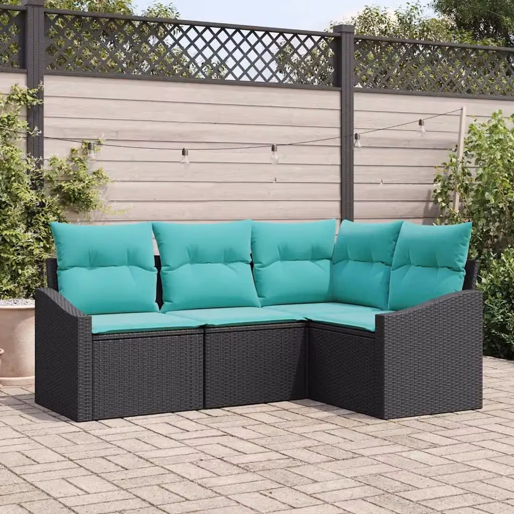 Set di divani da giardino vidaXL a forma di L con tavolo da caffè, colore nero e turchese, in rattan e metallo con cuscini inclusi