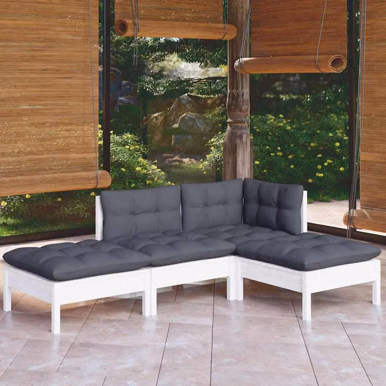 Set Salotto da Giardino vidaXL in Legno di Pino con Cuscini, Design Moderno a L, Colori Bianco, Antracite o Grigio