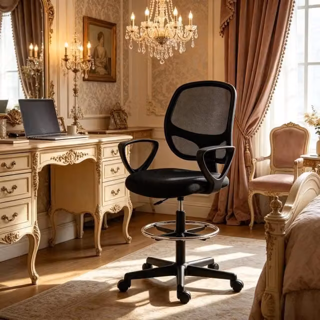 Sedia da ufficio ergonomica WISHDOR nera con braccioli e ruote, seduta in tessuto e struttura in plastica, L: 58 cm, P: 59 cm, H: 123 cm