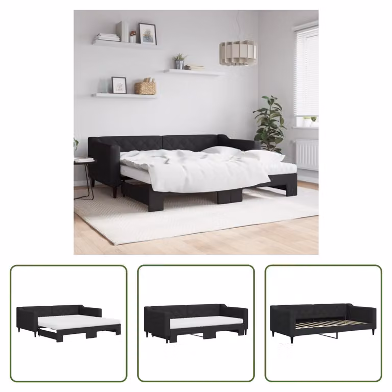 The Living Store Letto da giorno allungabile con materassi nero 90x190 cm in tessuto