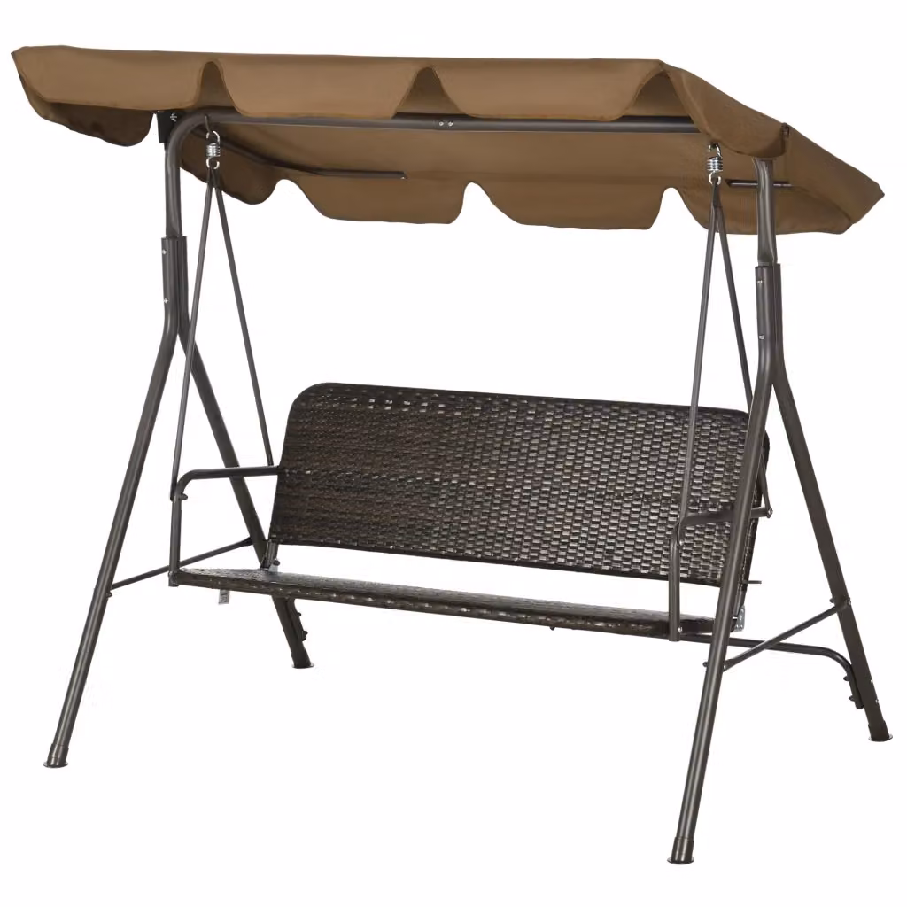 Dondolo da Giardino 3 Posti con Tettuccio Regolabile in Rattan e Acciaio, Colore Marrone, L/P/H: 167 x 112 x 153 cm – 2