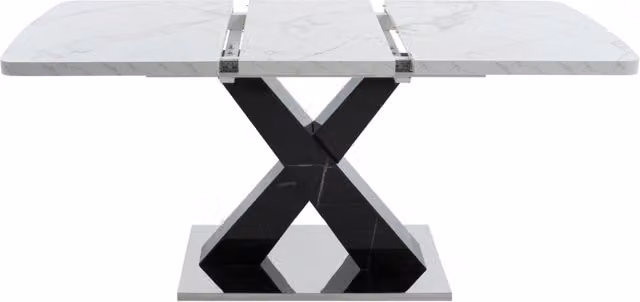 Tavolo da pranzo rettangolare moderno allungabile 120-160 cm piano effetto marmo bianco e gambe a X in MDF nero con base in metallo