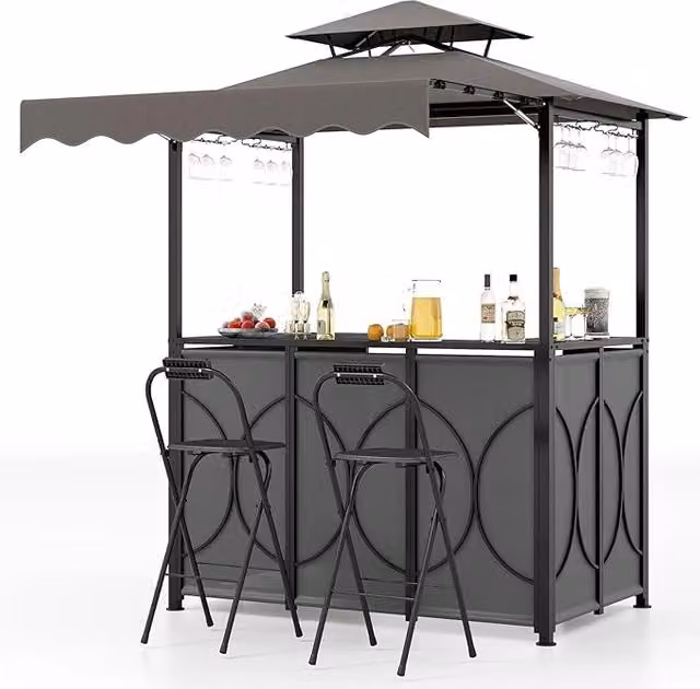 Gazebo per Barbecue COSTWAY con Tavolo Bar, 2 Sgabelli Pieghevoli e Ripiani in Metallo, Grigio e Marrone, L/P/H: 193 x 117 x 240 cm – 1