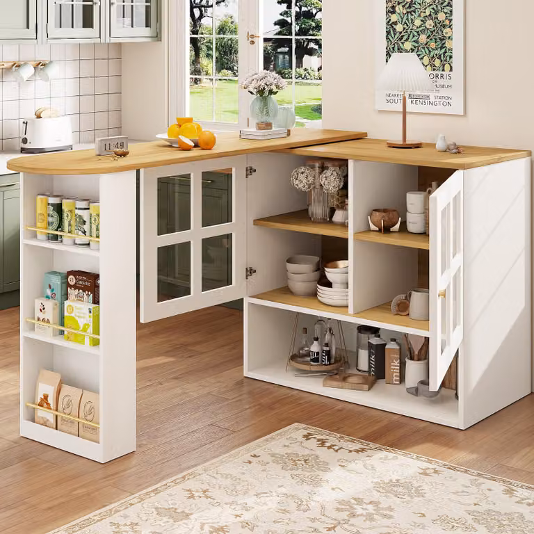 Tavolino bar Stilvora con spazio contenitore, tavolo girevole a 360° con ripiano per snack, mobiletto laterale/buffet con ripiani e vetri