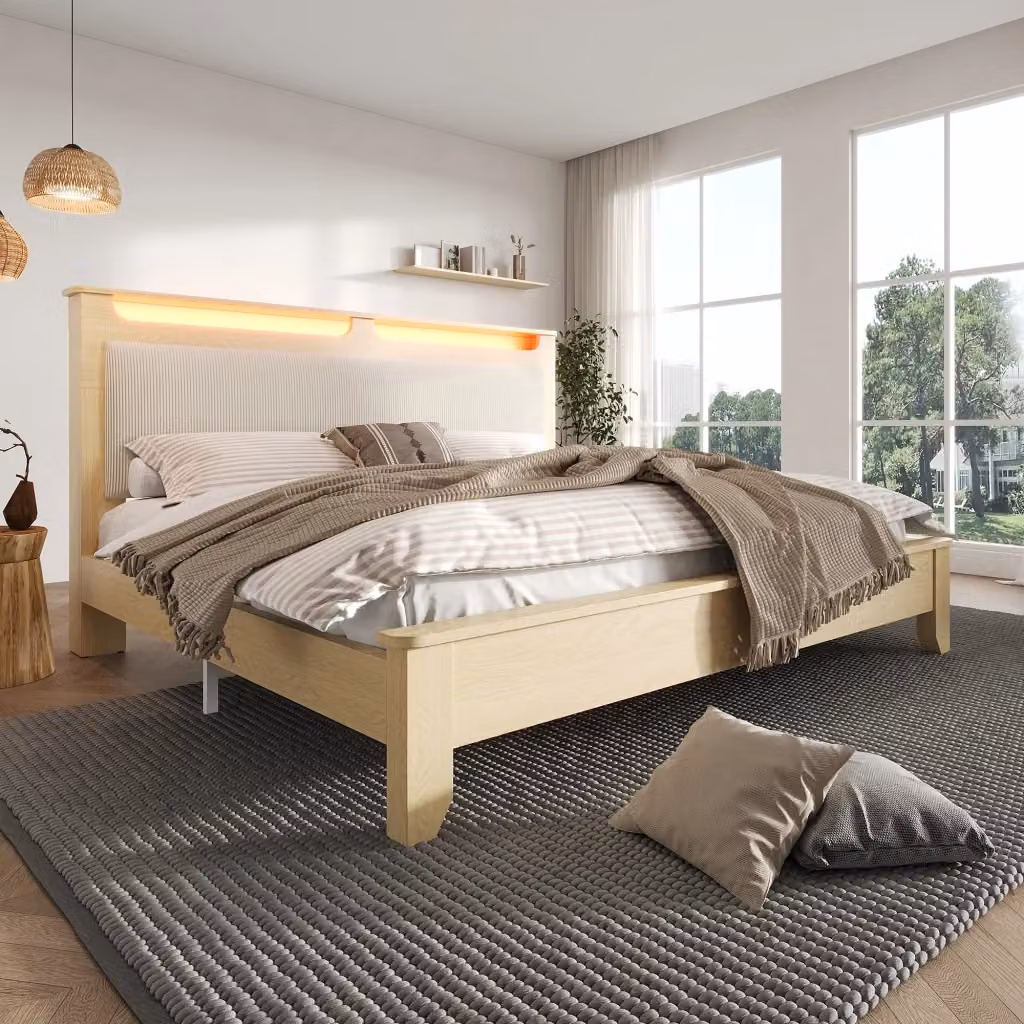 Letto matrimoniale Mivray con testiera a ripiani e illuminazione LED, tessuto beige e rovere, L/P: 140 x 200 cm – 2