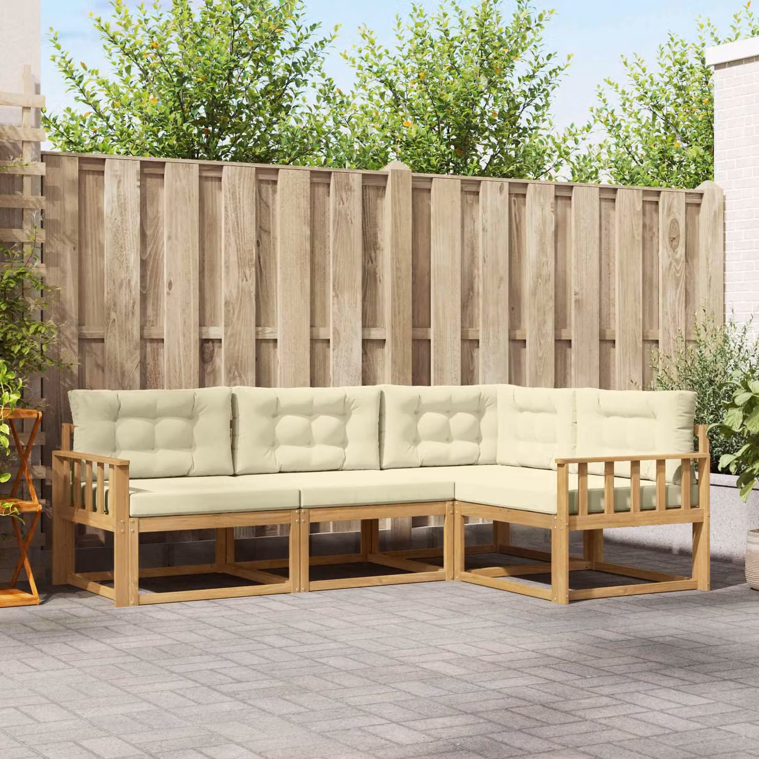 Set di divano da esterno a L vidaXL in legno di acacia con cuscini, Bianco, Beige e Marrone
