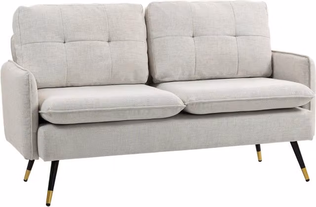 Divano 2 Posti HOMCOM in Tessuto Effetto Lino con Cuscini Imbottiti e Gambe in Acciaio, Bianco Crema, L: 139 cm, P: 68 cm, H: 80 cm