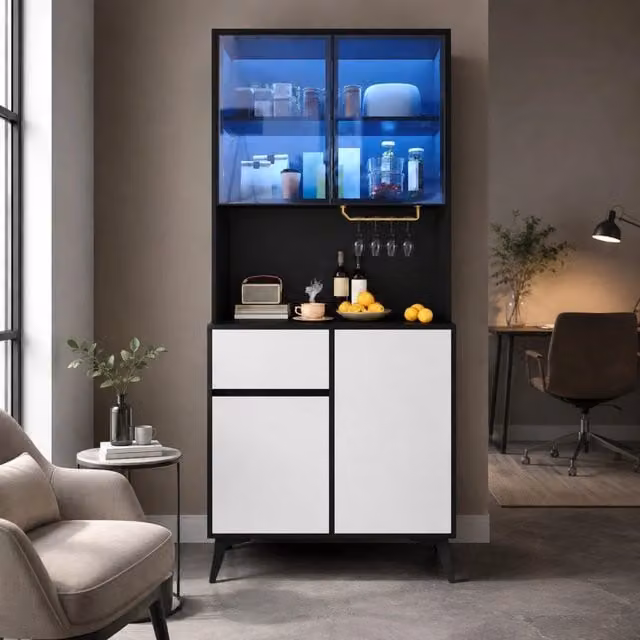 Mobile alto vetrina in MDF nero e bianco con LED regolabile via app; 80 x 40 x 180 cm
