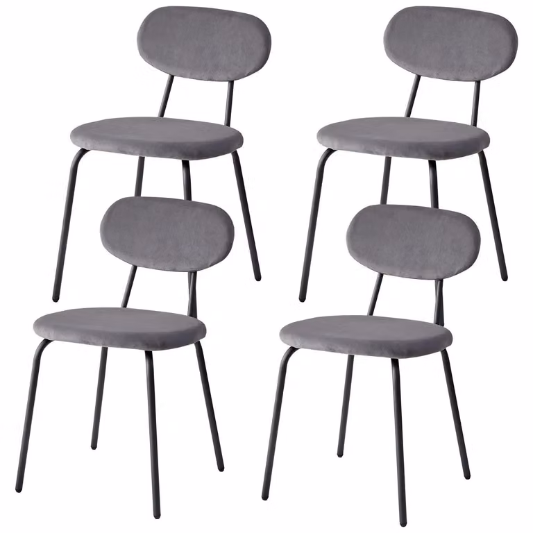 Set di 4 sedie da pranzo, rivestite in velluto olandese, con gambe in metallo, seduta imbottita, senza braccioli, design moderno, colore grigio chiaro