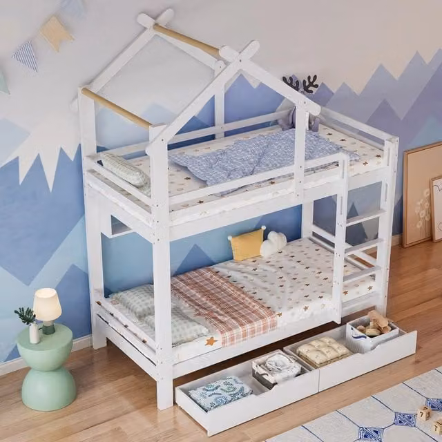 Letto a castello con cassetti - Xylo - 90x200 cm - Bianco - Scala rettangolare con 3 gradini e protezione