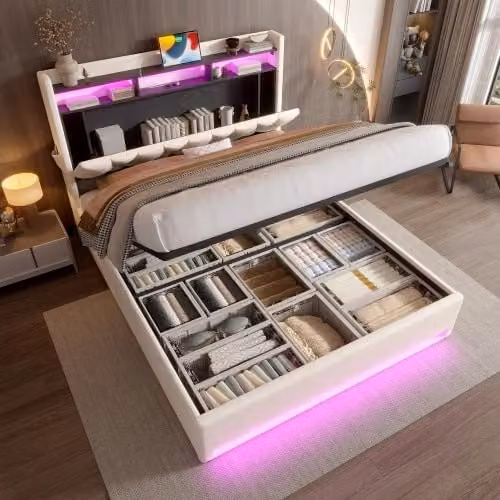 Letto imbottito 160x200 LED USB-C beige - Xylo