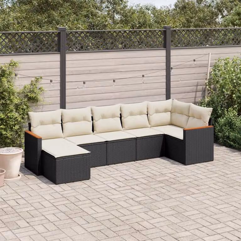 vidaXL Set Divani da Giardino a L con Cuscini 7pz in Polyrattan Nero e Legno di Acacia