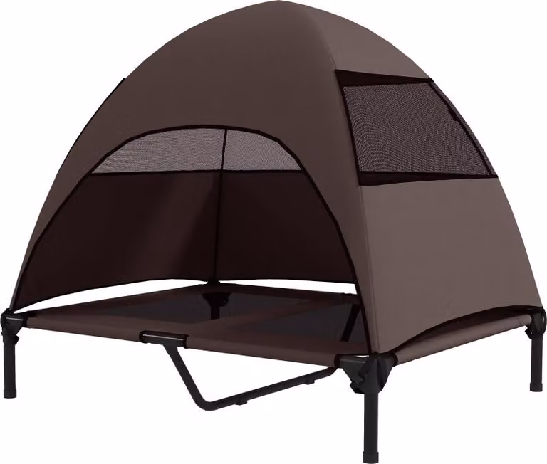 Cuccia per cani Moonbite con baldacchino, dimensioni 91 x 76 x 90 cm, adatta sia per interni che per esterni, con protezione dall'umidità, inserti in rete e struttura in acciaio robusta, realizzata in poliestere, colore caffè