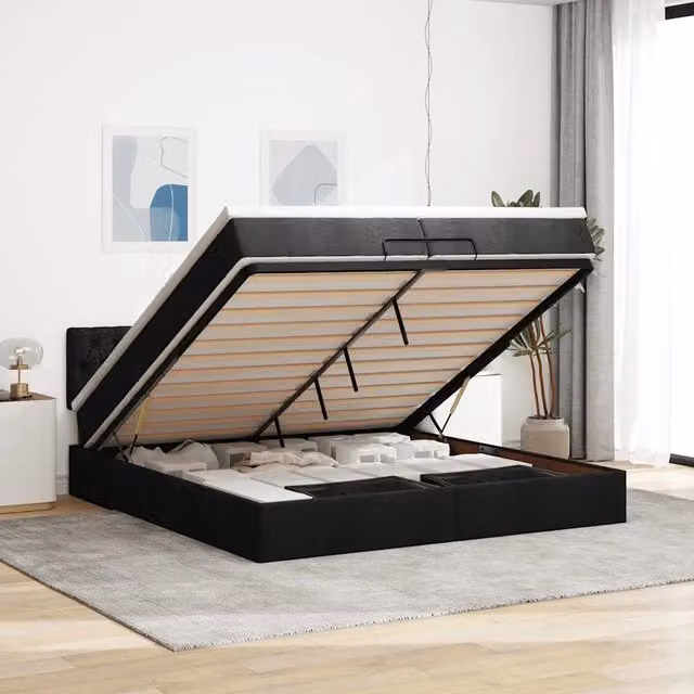 Letto con contenitore a sollevamento vidaXL in tessuto nero e bianco L: 200 cm, P: 200 cm, H: 280 cm – 1